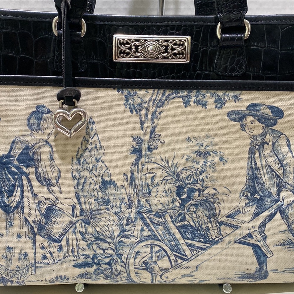 BRIGHTON “Martine” Blue Toile Canvas/ Black Croc Embossed Leather Tote Bag - Picture 3 of 16